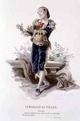 Edouard Fournierin Beaumarchaisin (1732-1799) täydellinen teos. piirustus Emile Bayard. Ed. Laplace, Sanchez et Cie, Pariisi 1876. Tämä on Figaro elokuvassa "Figaron häät""