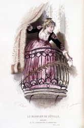 Edouard Fournierin Beaumarchaisin (1732-1799) täydellinen teos. piirustus Emile Bayard. Ed. Laplace, Sanchez et Cie, Pariisi 1876. Tämä on Rosine elokuvassa "Sevillan parturi"
