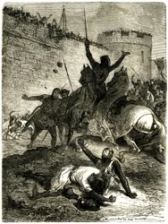Ristiretki Albigeoisia vastaan - Toulousen piiritys, 25. kesäkuuta 1218. Simon de Montfortin veli on juuri haavoittunut nuolesta, Simon de Montfort itse aikoo tappaa katapulttipallon, sanotaan, että yksi naisista Toulousesta kuka on
