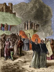 Ristiretki albigensseja vastaan - Montségurin viimeiset puolustajat (kataarit) poltetaan roviolla vuonna 1244 - Émile Bayardin kaiverrus G. Burgunin mukaan