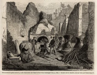 Löytyi leipomouunista ja säilötty leipä tuhkassa vuonna 1864 Pompejin kaivauksissa, Emile Bayardin (1837-1891) piirustus havainnollistamaan Marc Monnierin (1829-1885) tekstiä "" Pompei ja pompeilaiset"". Kaiverrus kirjassa "" Le tour du monde"", toimittanu