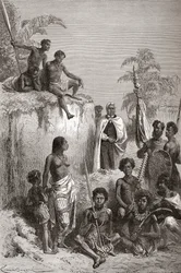 Havaijin kuningas Kamehameha I ja hänen soturinsa, kuvitus teoksesta "The World in the Hands", julkaistu 1878