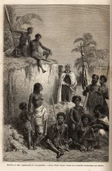 Kamehameha I (n. 1758-1819), Havaijin saarten kuningas ja yksikön perustaja, piiritti havaijilaisia sotureita ja joitain aiheita Honolulussa kaiverruksella Emile Bayardin piirustuksen mukaan, joka havainnollistaa matkaa Sandwichsaarille vuosina 1855-69 , k