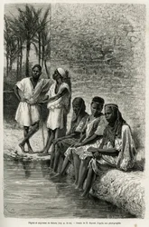 Mustia miehiä ja naisia Saharasta Oued Ririn rannoilla. E. Bayardin kaiverrus V. Largeaun teoksen Algerian Sahara, 1874-1878, kuvitukseksi, julkaistu Le Tour du monde -lehdessä Édouard Chartonin (1807-1890) johdolla