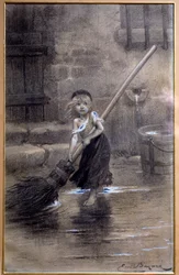 Kuvaus paljain jaloin lakaisevasta Cosettesta. Émile Bayardin (1837-1891) kuvitus Victor Hugon (1802-1885) teokseen "Kurjat", 1800-luku. Pariisi, Maison Victor Hugo