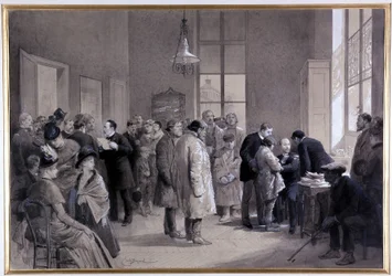 Rokotuskohtaukset Normaalikoulun laboratoriossa vuonna 1886 (piirustus)