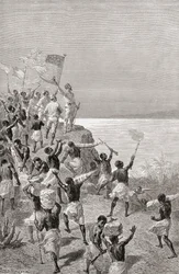 Stanley ja hänen tutkimusmatkansa ensimmäinen havainto Tanganyikasta Itä-Afrikassa vuonna 1872, kuvitus teoksesta "The World in the Hands", julkaistu 1878
