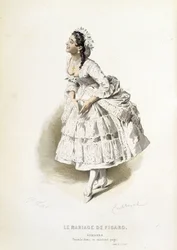 Suzanne teoksessa "" The Marriage of Figaro"" - teoksessa "" Complete Works of Beaumarchais"", Emile Bayardin piirustukset, toim. Laplace Sanchez & cie, Pariisi