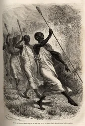 Ounyoron (Itä-Sudan) kuninkaan Kabba Regan ja hänen hovipäälliköidensä saapuminen Sir Bakerin leiriin viralliselle vierailulle, joka on kaiverrettu Emile Bayardin piirustuksen jälkeen, joka havainnollistaa retkikuntaa Keski-Afrikassa, jonka tarkoituksena o