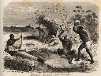 Seppiä Ounyamouezissa (Suurten järvien alue, Afrikka), Emile Bayardin (1837-1891) piirros, joka kuvaa kapteeni Speken Afrikan löytöretkeä vuosina 1860-1863. Kaiverrus teoksessa "Le tour du monde", toimittanut Edouard Charton.