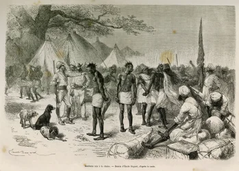 Retkikunnan röyhkeät kuljettajat asettivat ketjuun Emile Bayardin piirtäen havainnollistamaan tarinaa: Afrikkaa, Sansibarista (Tansania) Benguelaan (Angolaan), vuosina 1872–1876, luutnantti V.H.Cameron. Kaiverrus kirjassa Le tour du monde