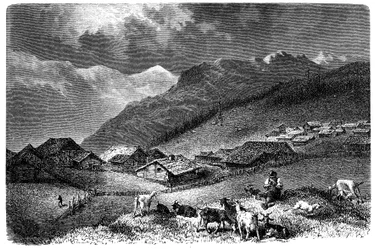 Kylä Alpeilla. Murren, Bernin Oberlandissa, korkeus 1630 metriä. Paimen pitää vuohi- ja lammaslaumansa (lammas). Emile Bayardin kuvitus Albert Dupaignen kirjaan "Les Montagnes", painos Mame 1881.