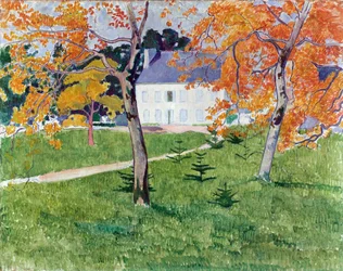 Talo puiden keskellä - Emile Bernardin (1868-1941) maalaus, öljy kankaalle