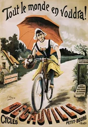 Vintage-juliste naisesta, joka ajaa polkupyörällä punaisella sateenvarjolla