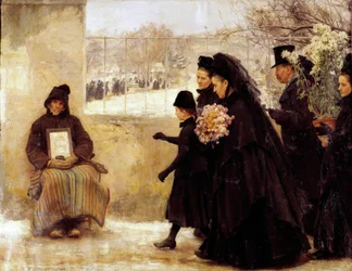 Pyhäinpäivä. Hautausmaalle matkalla oleva sureva perhe antaa kolikon almua pyytävälle vanhalle miehelle. 1888, 2,54 x 3,34 m, Nancy, Musée des Beaux-Arts
