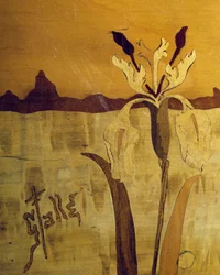 Art nouveau -tyylinen pöytä, Emile Galle (1846-1904), pähkinä, viiluviimeistely ja erilaisia puulajeja, yksityiskohta, Ranska, 1900-luku