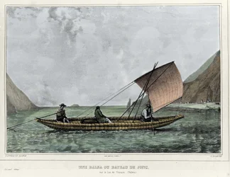 Balsa tai ihottuma vene Titicaca-järvellä (Bolivia). Emile Lassallen (1813-1871) litografia - Alcide D