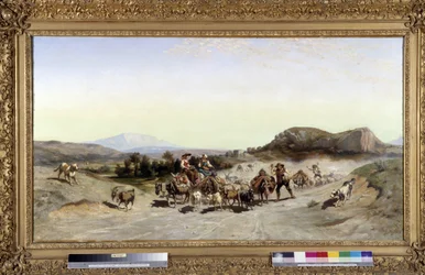 Sainte Victoire -vuori ja siirtolaiskuljetus Emile Loubonin (1809-1863) maalaus 1847 Mitat 71x132 cm.