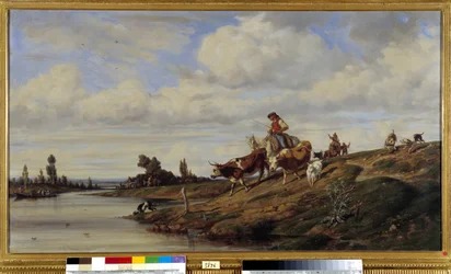 Kulku, jossa Gue A -lehmä ohittaa joen laumansa kanssa. Emile Loubonin maalaus (1809-1863) Pakollinen maininta: Collection fondation regards de Provence, Marseille