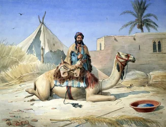 Beduiini kamelinsa vieressä, luultavasti Egyptissä", noin 1836-1843. Akvarelli. Emile Prisse d