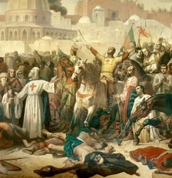 Yksityiskohta: Ensimmäinen ristiretki: "" Jerusalemin valloitus risteyksillä 15.7.1099"" Godefroy de Bouillon antaa armon Jumalalle Pietari Erakon (tai Erakon) läsnäollessa
