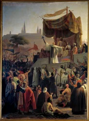 Saint Bernard Clairvaux (San Bernardo di Chiaravalle) saarnaa toista ristiretkeä kuninkaan Ludvig VII:n ja Akvitanian kuningatar Alienorin ja Abbe Sugerin läsnä ollessa Vezelayssa Burgundiassa 31. maaliskuuta 1146. (St. Bernard saarnaa toista ristiretkeä V
