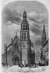 Ulkonäkymä Vendomen, Loirin ja Cherin (41) Saint Martinin kirkosta (1400-1500-luku) ennen sen purkamista vuonna 1857. Therondin kaiverrus "" Le Magasin Picturesque""