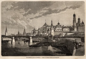 Yleiskuva Moskovasta, otettu Moskowasta, Therondin piirustus havainnollistamaan Ranskan ministeri de Bourboulonin matkaa Shanghaista Moskovaan vuosina 1859-1862. Kaiverrus kirjassa "" Le tour du monde", toimittanut Edouard Charton