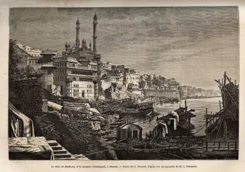 Madhorayn ghat (portaat, jotka peittävät joen rannat, joiden avulla voit laskeutua kosketuksiin veden kanssa) ja Aurangzeb-moskeija Benaresissa, kaiverrettu E. Therondin piirustuksen mukaan, havainnollistaen rajahien matkaa Intiaan vuosina 1864-1868 , kirj