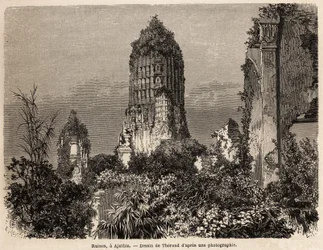 Therondin piirtämät rauniot viidakon kasvillisuudesta Ajuthiassa (Thaimaa), havainnollistamaan Henri Mouhotin matkaa Siamin, Kambodžan ja Laosin valtakuntien läpi vuosina 1858–1861. Kaiverrus kirjassa "" Le tour du monde", toimittanut Edouard