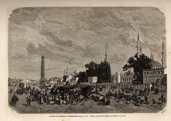 Ett Meydanin aukio, Konstantinopoli (nykyinen Istamboul, Turkki), Therondin piirustus havainnollistamaan F. Jerusalemyn vuonna 1862 tekemää tutkimusta turkkilaisnaisista. Kaiverrus kirjassa "" Le tour du monde", toimittanut Edouard Charton