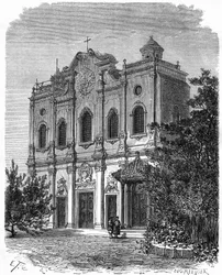 Näkymä Kiinan katolilaisuuden isän Matteo Riccin (1552-1610) talon paikalle rakennetun Nantangin katedraalin julkisivusta. Kaiverrus Therondin piirustuksen jälkeen julkaisussa "" Le Tour du Monde, Nouveau Journal des Voyages", toimittanut Edouard Chart