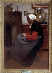 Yksinkertainen sydän Vanha talonpoika, joka nukkuu tuolilla maalaismaisessa sisustuksessa. Emile Troncyn (1859-1943) maalaus. Pariisi, Palais du Luxembourg DR