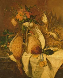 Asetelma sinisorsalla, taivaanvuohoilla ja kultamitaleilla, n. 1850