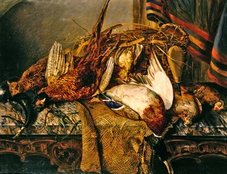 Asetelma fasaaneja marmoripöydällä, noin 1850 (öljy kankaalle).