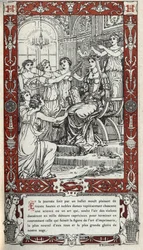 Baletti Fontainebleaun linnassa, jonka aikana kuningas Henrik II:n (1519 - 1559) hovin naiset edustavat kukin tiedettä tai taidetta. Emmanuel Blanchen (1880-1946) kaiverrus vuodelta 1914. DR Yksityinen kokoelma.