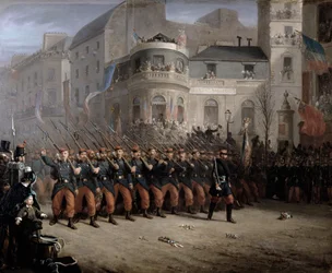 Joukkojen paluu Pariisiin Krimiltä, Boulevard des Italiens, Hannoverin paviljongin edessä, joulukuu 1855