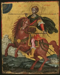 Pyhän Demetrioksen ikoni hevosen selässä, 1672 (munan tempera paneelissa)