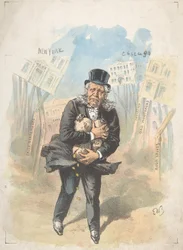 Mies puristaa rahapusseja pankkien romahtaessa, 1800-luvun loppu - 1900-luvun alku.