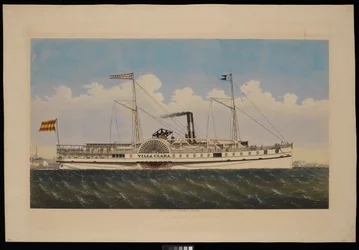 S.S. Villa Clara ja näkymä New Yorkiin (litografia, värillinen)