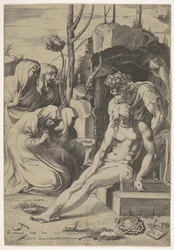 Kristuksen hautaus, jonka rintakehään Joosef Arimatialainen tarttuu, kahdella polvillaan ja..., 1543.