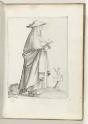 espanja m(ulier) (otsikko esineessä) Vrouw naar rechts, espanjaksi kleding. noin 1550 Aikamme eri kansojen asenteet (sarjan nimi)