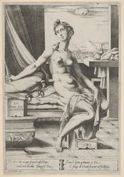 Lucretia alastomana istumassa ikkunan edessä, tikari oikeassa kädessään ja pitäen d..., noin 1535-67.