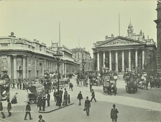 Bank of England ja Royal Exchange, Threadneedle Street, Lontoon kaupunki, 1890
