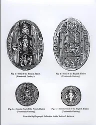 Ranskan ja Englannin kansakuntien 1300-luvun sinetit, kuvitus teoksesta "Keskiajan ja renessanssin tiede ja kirjallisuus", jonka kirjoitti ja kaiversi Paul Lacroix