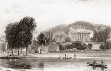 1800-luvun näkymä Beaumont Lodgesta, Old Windsorista, Berkshirestä, Englannista. Myytiin vuonna 1854 Society of Jesus -yhdistykselle ja nimettiin uudelleen Beaumont Collegeksi, jesuiittakouluksi. Churtonin Portrait and Lanscape Gallerysta, julkaistu 1836.