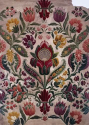 Täysvärinen sarjakuva kuvakudosta, silkkiä tai tapettia, n. 1830-40