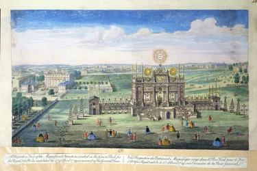 Perspektiivinäkymä upeasta rakennuksesta, joka on pystytetty Vihreään puistoon Royal Fireworksille, 1749
