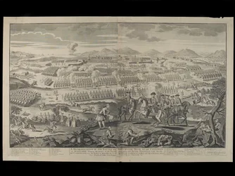 Kuvaus Drumossie Moorin taistelusta lähellä Cullodenia Skotlannissa, 16. huhtikuuta 1746, julkaissut Henry Overton, 30. kesäkuuta 1746