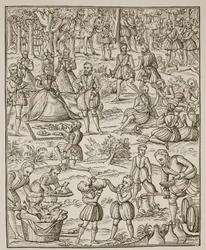 Kuninkaallinen piknik, George Turbervillen Noble Art of Venerie and Hunting -lautanen, 1575 (seepiakuva)